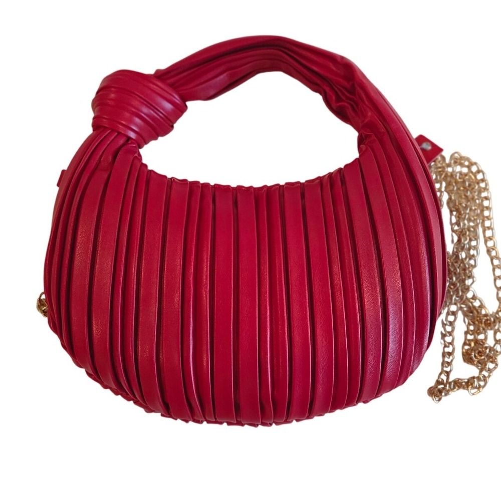 Red Pleated Knotted Hobo Shoulder Bag‎ with Detachable Gold Chain Strap NEW